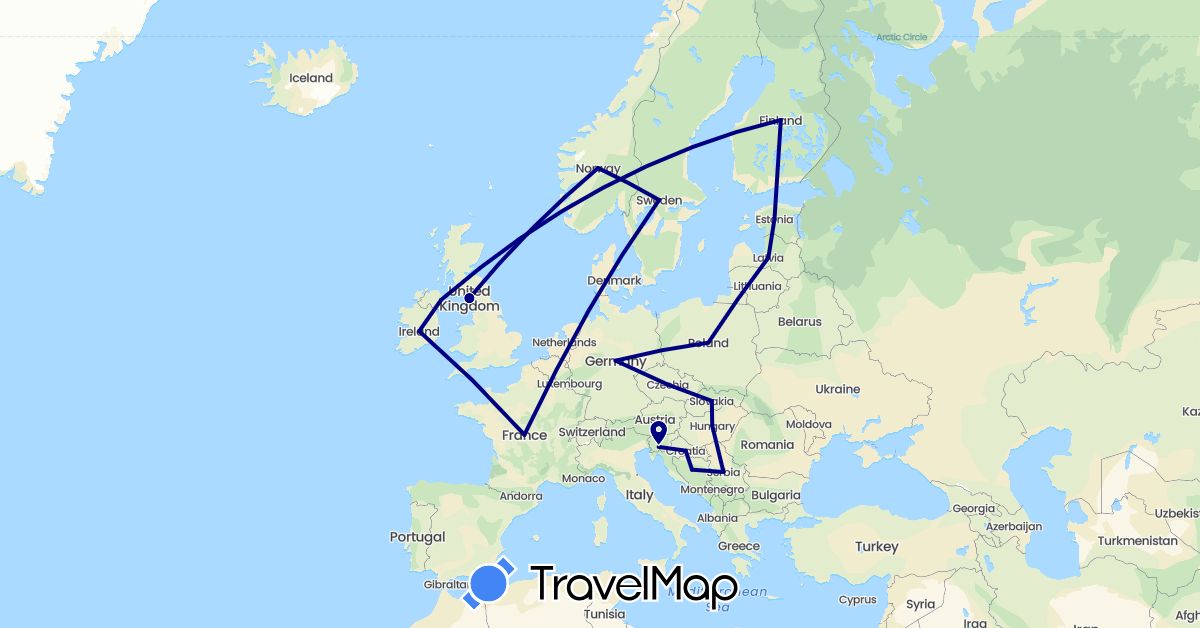 TravelMap itinerary: driving in Bosnia and Herzegovina, Czech Republic, Germany, Estonia, Finland, France, United Kingdom, Croatia, Hungary, Latvia, Norway, Poland, Sweden, Slovenia, Slovakia (Europe)